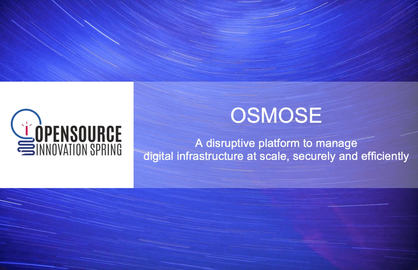 Blue swirl, "OPENSOURCE INNOVATION SPRING" logo, text.