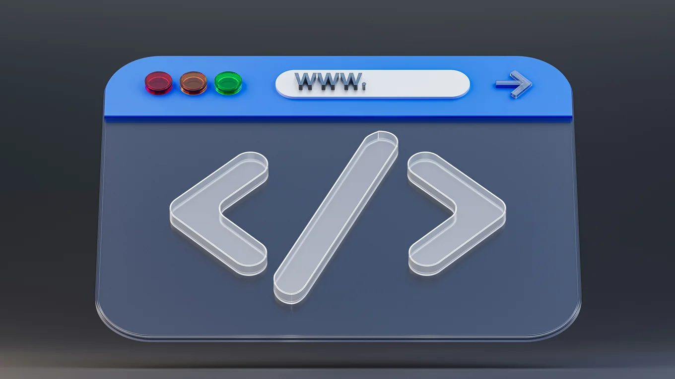 A 3D rendering of a semi transparent browser window with 'www.' in the address bar and '</>' displayed in the middle of the window.